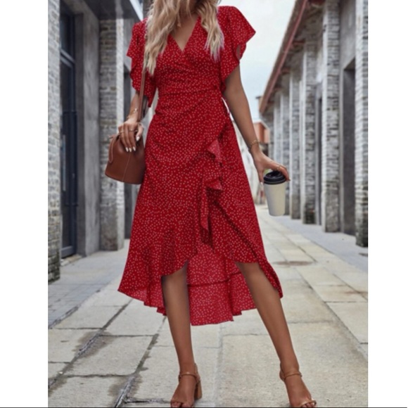 Boho polka dots ruffle hem wrap dress black - Picture 1 of 16